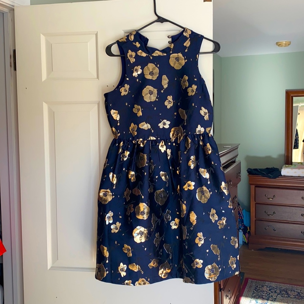 TRIXXI GIRL NAVY DRESS WITH GOLD FLORAL PRINT AND KEYHOLE BACK- kids size 16